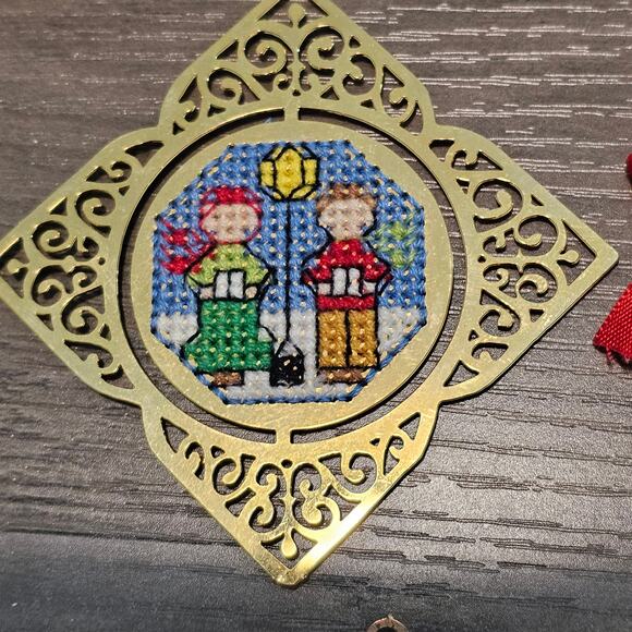 Vintage Cross Stitch Gold Accent Christmas Ornament Set 80s Candy Cane Tree Coke - Picture 7 of 9